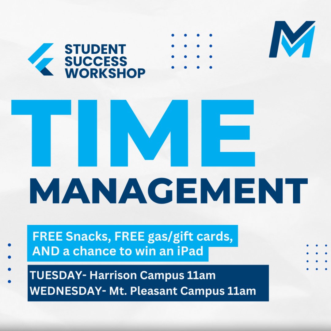 🚨 TODAY! 🚨 Join us for the TIME MANAGEMENT Workshop!
🗓 Feb 26 | 11am-Noon | Harrison Campus
🗓 Feb 27 | 11am-Noon | Mt. Pleasant Campus
🎉 Free snacks, gas/gift cards, &amp; a chance to WIN an iPad! 🎁
#MidMentors #TimeManagement #WinAnIPad