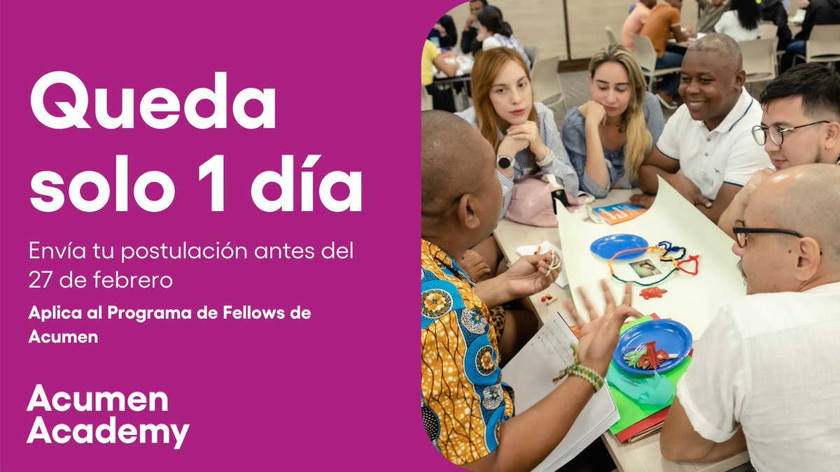 AcumenAcademy (@acumenacademy) on Twitter photo 📆 ¡Último llamado! 🚨 Mañana es el último día para aplicar al Programa de Fellows de Acumen en Colombia. 🌟 No pierdas la oportunidad de ser parte de este cambio transformador. 
Envía tu solicitud antes del 27 de febrero a las 12 pm. 🚀
👉 hubs.la/Q032XjnT0 📆 ¡Último llamado! 🚨 Mañana es el último día para aplicar al Programa de Fellows de Acumen en Colombia. 🌟 No pierdas la oportunidad de ser parte de este cambio transformador. 
Envía tu solicitud antes del 27 de febrero a las 12 pm. 🚀
👉 hubs.la/Q032XjnT0