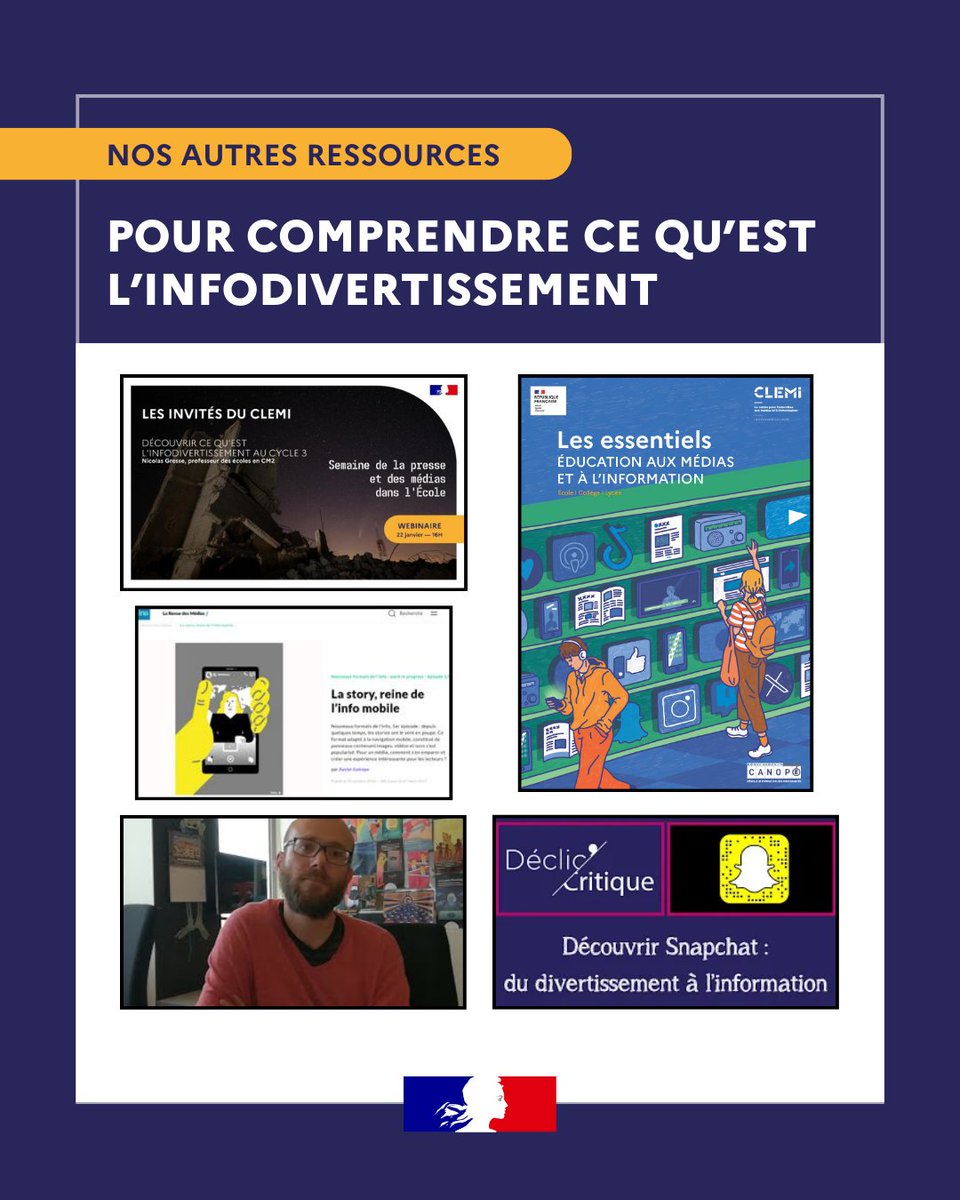 🔎 La #SPME2025 propose d'aborder les fondamentaux de l'#EducMédiasInfo notamment en définissant l'infodivertissement.

Dans le dossier pédagogique, vous trouverez 3 fiches pour aborder cette question avec vos élèves, sans oublier les ressources disponibles sur notre site !