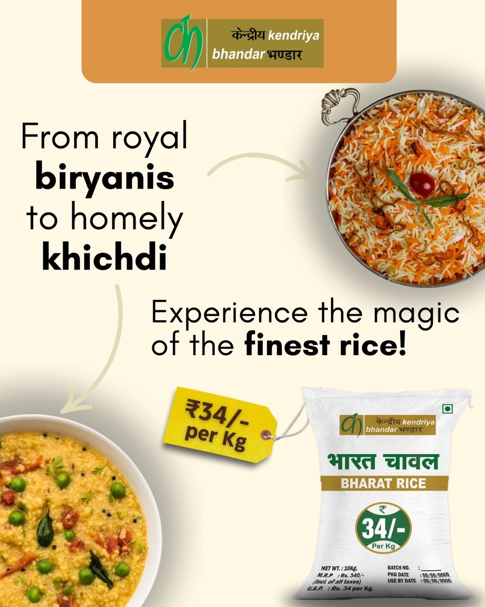 BhandarKendriya's tweet image. From royal biryanis to homely khichdi, savour the wholesome goodness of premium rice in every bite! RiceLove #PerfectEveryTime #BharatBrand