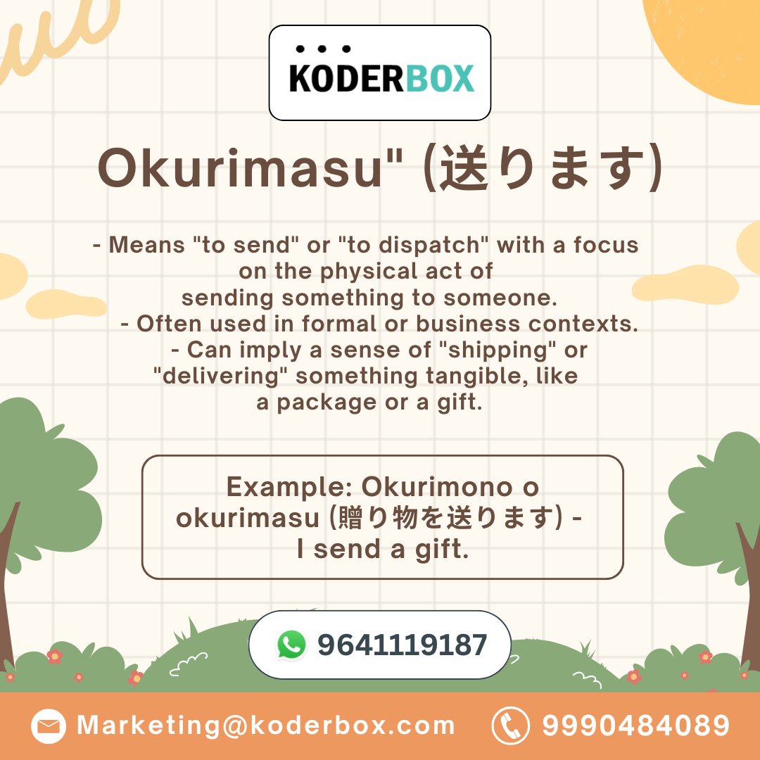 koderbox's tweet photo. Difference Between うちます &amp; おくります in Japanese!   

Japanese verbs can be tricky, especially when they have multiple meanings! 

#LearnJapanese #JapaneseVerbs #JapaneseGrammar #JLPTPrep #Koderbox #SpeakJapanese #LanguageLearning https://t.co/TFKBGbioHO
