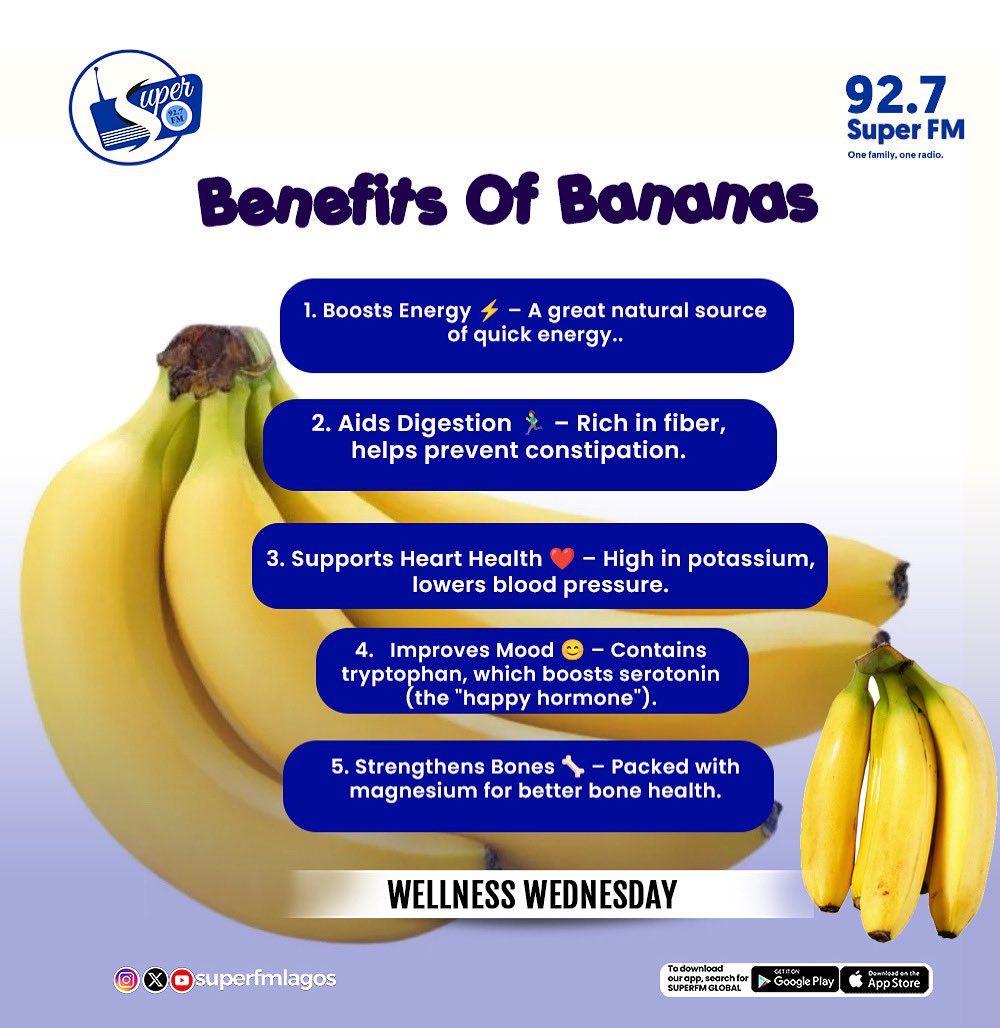 SuperFMLagos's tweet image. #WellnessWednesday 🍌 Bananas support digestion, heart health, and blood pressure regulation! Snack on them, mix with other fruits, or blend into a smoothie. Don’t forget to add this nutritious fruit to your meal plan today!
 #HealthyLiving #SuperFMLagos