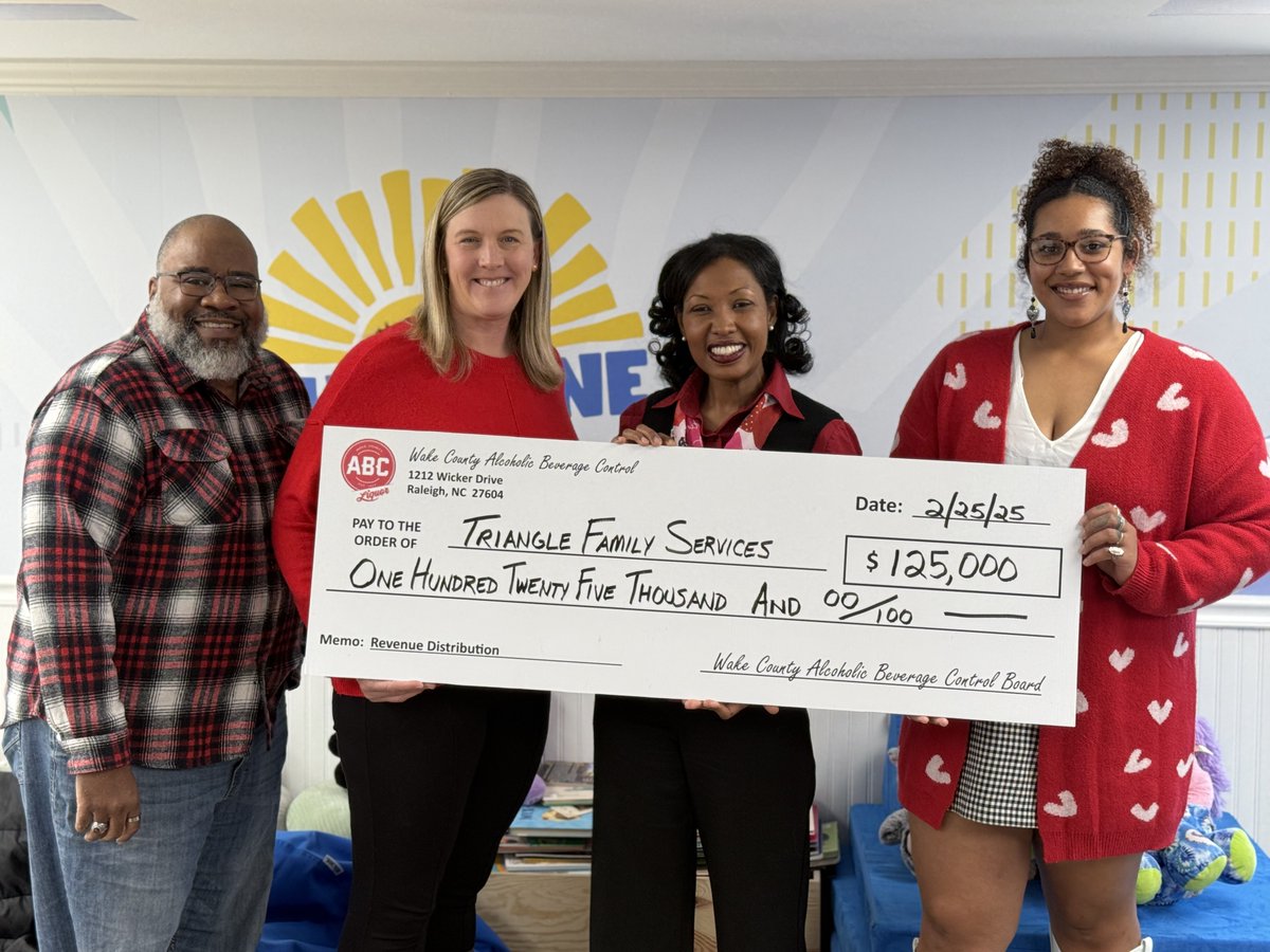 "WAKE ABC CARES" is a grant program that Wake County ABC manages for non-profit organizations who supply education and/or treatment for substance/alcohol abuse.  We recently awarded a grant to Triangle Family Services.  We are a proud partner in supporting their DOSE program