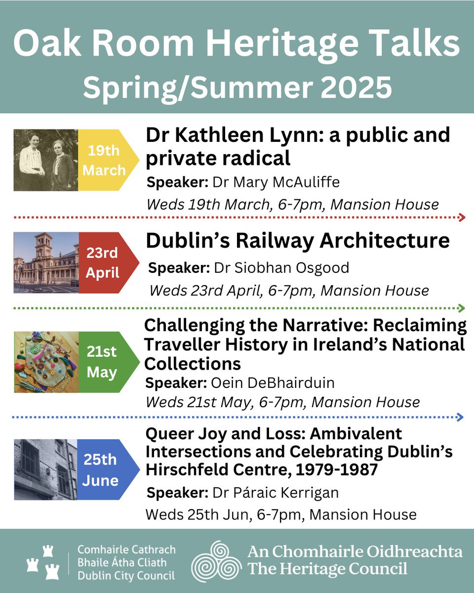 We are delighted to announce the line up for the Spring/Summer 2025 Oak Room Talks. The series aims to highlight a new heritage topic or project each month, &amp; is supported by <a href="/HeritageHubIRE/">The Heritage Council</a>.

Tickets for Dr Mary McAuliffe's March talk are available now: eventbrite.ie/e/dr-kathleen-…