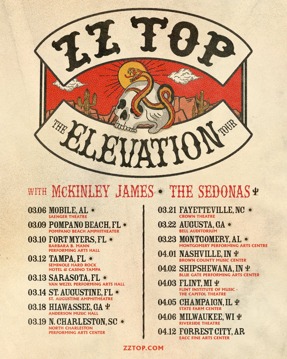 The Elevation Tour keeps rolling! ZZ Top is hitting the road with The Sedonas and McKinley James along for the ride. Don’t miss out—grab your tickets now at zztop.com/tour! 🎸
