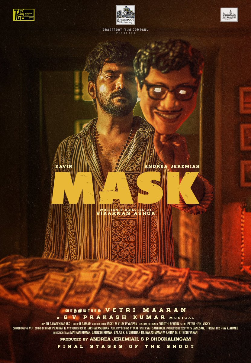 Grass Root Film Co (@grassrootfilmco) on Twitter photo Here's the first look posters of #MASK 🎭 Final stages of shoot 🎬
#VetriMaaran <a href="/GrassRootFilmCo/">Grass Root Film Co</a> @BlackMadra38572 <a href="/Kavin_m_0431/">Kavin</a> <a href="/andrea_jeremiah/">Andrea Jeremiah</a> <a href="/iRuhaniSharma/">Ruhani Sharma</a> <a href="/gvprakash/">G.V.Prakash Kumar</a> <a href="/Raasukutty16/">Vikarnan Ashok</a> <a href="/RDRajasekar/">RDRajasekarISC</a> #RamarEditor <a href="/jacki_art/">Jackson</a> <a href="/PeterHeinOffl/">Peter Hein</a> <a href="/RIAZtheboss/">RIAZ K AHMED</a> <a href="/PoorthiPravin/">Poorthi Pravin</a> <a href="/viyaki_s/">Viyaki</a> Here's the first look posters of #MASK 🎭 Final stages of shoot 🎬
#VetriMaaran <a href="/GrassRootFilmCo/">Grass Root Film Co</a> @BlackMadra38572 <a href="/Kavin_m_0431/">Kavin</a> <a href="/andrea_jeremiah/">Andrea Jeremiah</a> <a href="/iRuhaniSharma/">Ruhani Sharma</a> <a href="/gvprakash/">G.V.Prakash Kumar</a> <a href="/Raasukutty16/">Vikarnan Ashok</a> <a href="/RDRajasekar/">RDRajasekarISC</a> #RamarEditor <a href="/jacki_art/">Jackson</a> <a href="/PeterHeinOffl/">Peter Hein</a> <a href="/RIAZtheboss/">RIAZ K AHMED</a> <a href="/PoorthiPravin/">Poorthi Pravin</a> <a href="/viyaki_s/">Viyaki</a>