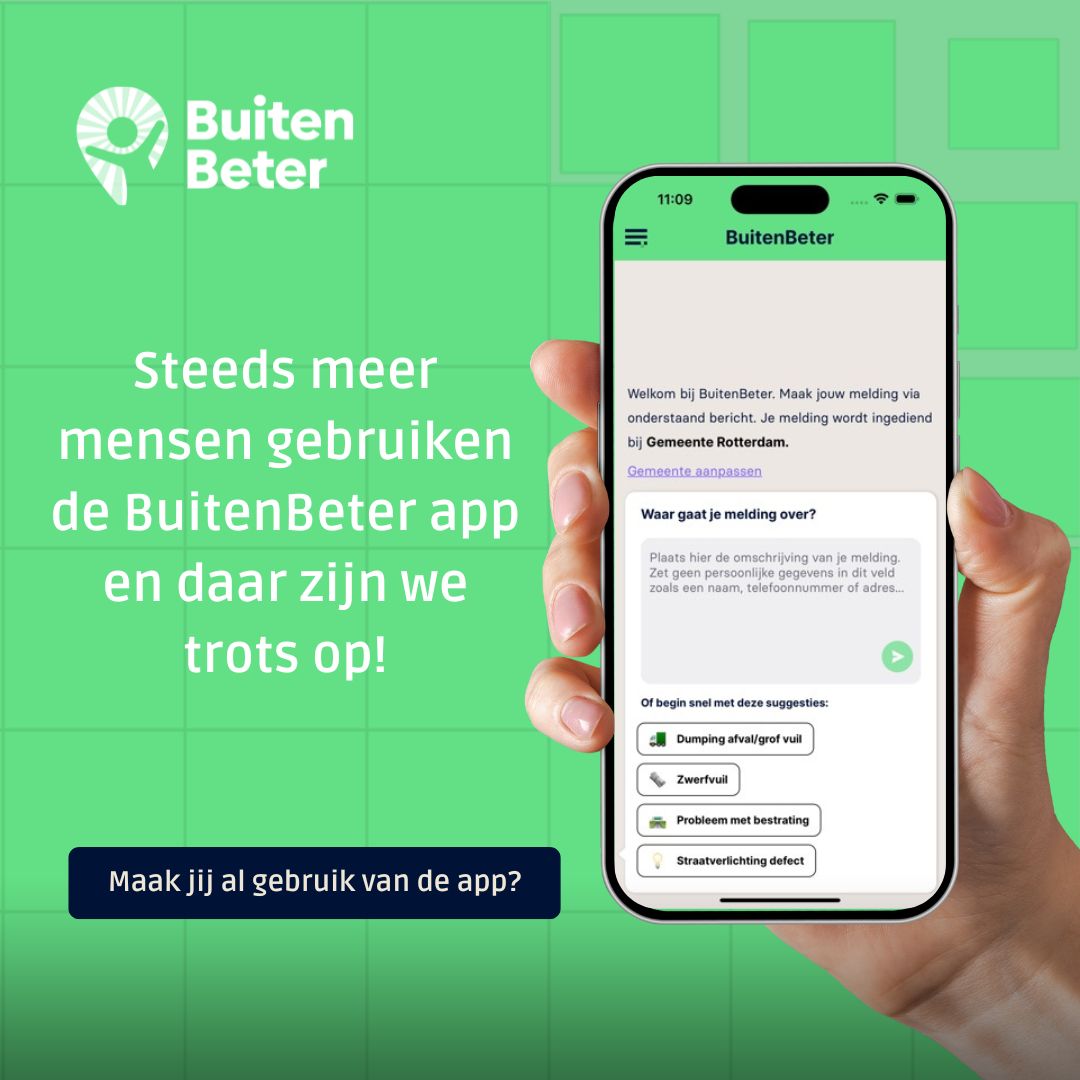 We merken het niet alleen aan de hoeveelheid meldingen, maar ook aan de positieve reacties en verhalen die we ontvangen. Steeds meer mensen gebruiken de BuitenBeter app en daar zijn we erg trots op! 💚 Heb jij de app al gedownload?