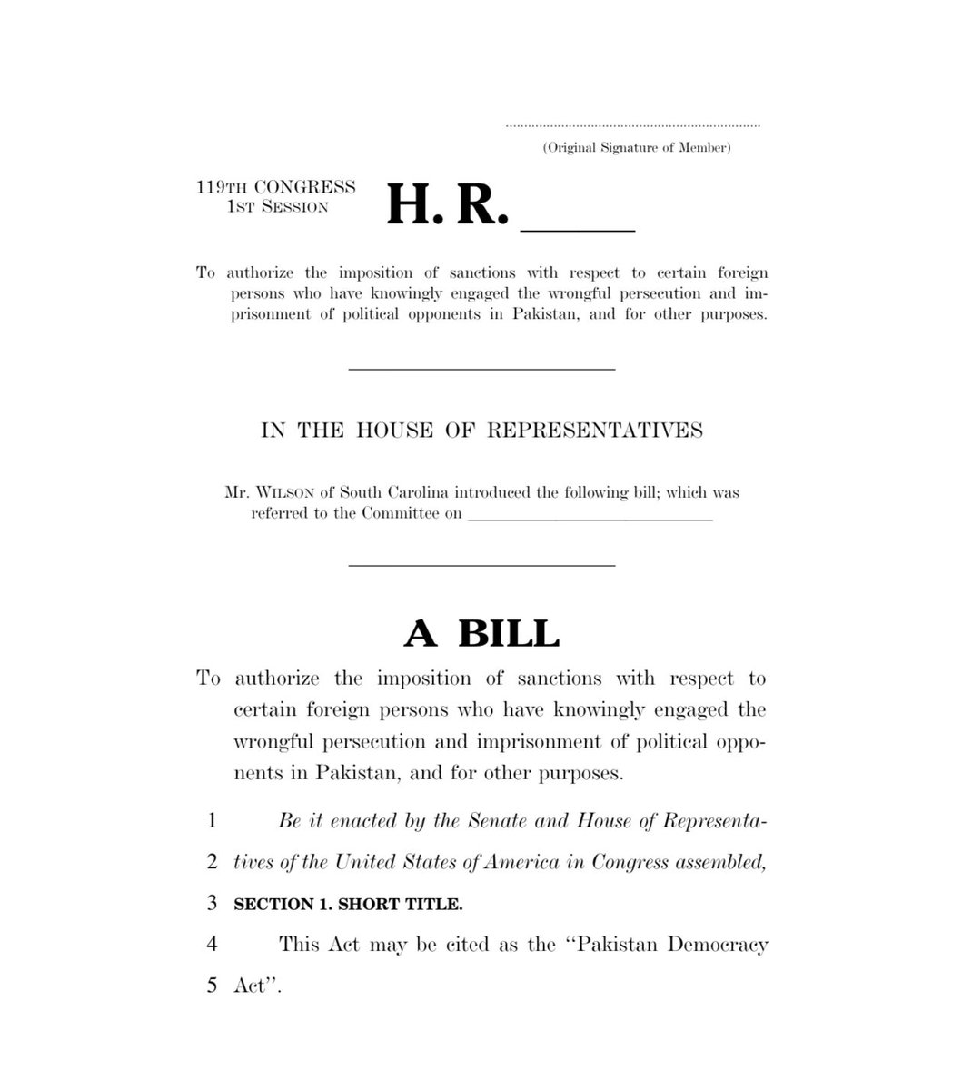 Grateful to be nearly finished drafting the PAKISTAN DEMOCRACY ACT. The bill:

- Sets down that it is US policy to restore democracy in Pakistan
- Mandates a 30-day determination of sanctions on Asim Munir
- Reviews all generals &amp; gov officials &amp; their families for sanctions