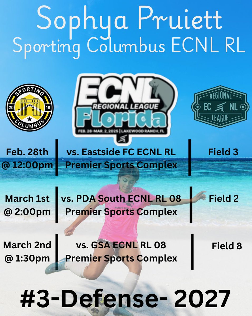 Excited about heading down to Florida with my teammates to showcase our talents. Come check us out <a href="/Sporting_ECNLRL/">Sporting Columbus ECNL RL</a> <a href="/ImYouthSoccer/">ECNL/GA/Recruiting/College Soccer</a> <a href="/PNHS_gsoc/">Pickerington North Girls Soccer</a> <a href="/MiamiOH_Soccer/">Miami Soccer</a> <a href="/IndStSoccer/">Indiana State Soccer</a> <a href="/WSU_wSoccer/">Wright State Women's Soccer</a> <a href="/UKWomensSoccer/">Kentucky Women's Soccer</a> <a href="/UCF_WSoccer/">UCF Women's Soccer</a> <a href="/SIU_Soccer/">Saluki Soccer</a> <a href="/UIC_WSOC/">UIC Women's Soccer</a> <a href="/OhioStateWSOC/">Ohio State Women’s Soccer</a> <a href="/wvuwomenssoccer/">WVU Women's Soccer</a> <a href="/MSU_wsoccer/">Michigan State Women's Soccer</a>