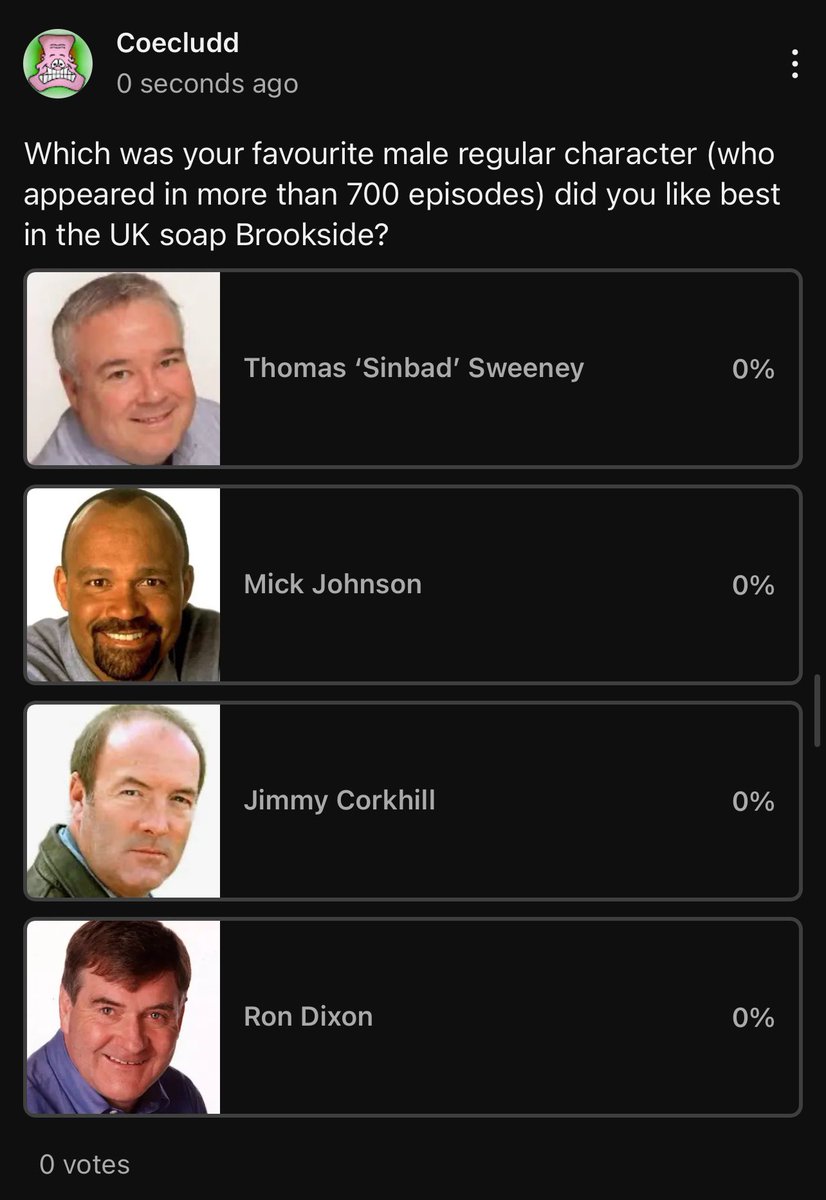Well, after 5 years I’ve finished watching the whole series of Brookside. Really enjoyed it. I’ve decided to do a poll. Let me know who was the best mail character on  Brookside out of these 4 on this link: youtube.com/post/Ugkxy59_x…  #brookside #Liverpool