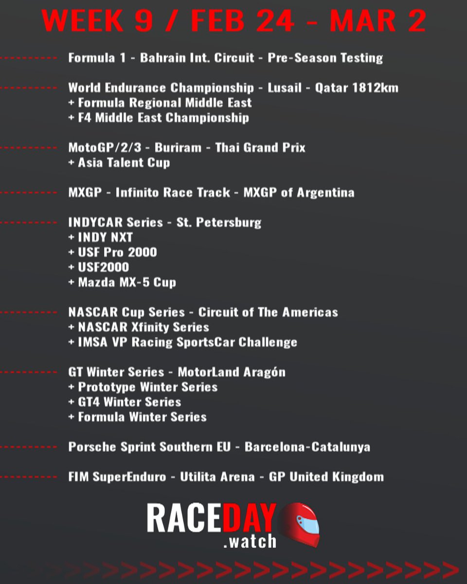 racedaywatch's tweet photo. Weekly Preview in Motorsports - Week 9 on RaceDay!

#F1 #F1Testing
#WEC #Qatar1812km #FRMEC #F4MEC
#MotoGP #ThaiGP
#MXGP #Motocross
#INDYCAR #FirestoneGP
#NASCAR
#WinterSeries
#SuperEnduro https://t.co/QEYTpfGPEb