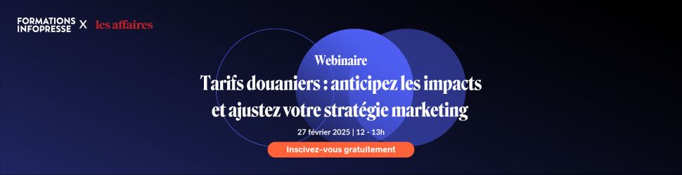 Tarifs douaniers : anticipez les impacts 

Participez gratuitement à notre webinaire avec Marie-Pier Frappier (Les Affaires) et Jean-Sébastien Martel (LG2) 

📅 27 février 2025 | 12 h
Inscrivez-vous gratuitement dès maintenant.

us02web.zoom.us/webinar/regist…