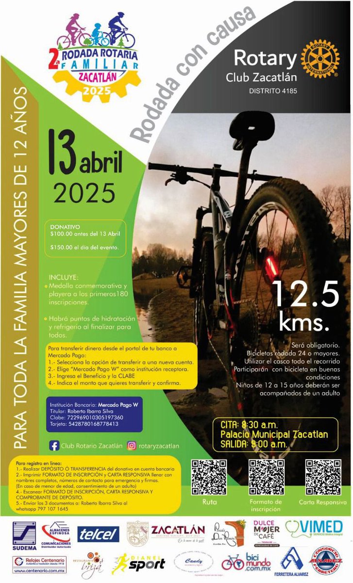 Conecta_Informa's tweet photo. #EsNoticia| Club Rotario #Zacatlán invita a la Rodada con Causa 2025, que se llevará a cabo el 13 de abril, con una distancia a recorrer de 12.5 km. Los interesados podrán registrarse en línea a través de un código QR el donativo será de $100 pesos
👉🏻 https://t.co/baIUxABHqp https://t.co/BVJQK8DdHz