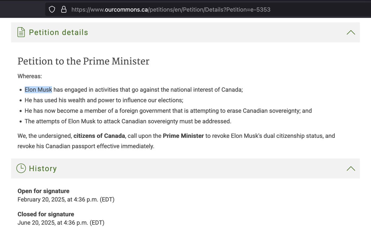 House of Commons petition e 5353 to revoke the Canadian citizen of Elon Musk.

Canadians. Sign &amp; Share!

ourcommons.ca/petitions/en/P…
