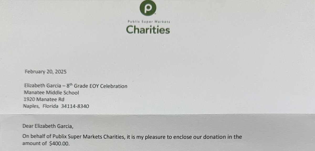 garcie11's tweet image. Thank you Publix Markets Charities, @Publix, for your generous donation to our 8th grade end-of-the-year celebration! Your support means so much to our students, and we truly appreciate your commitment to our community. #PublixCares #ThankYou