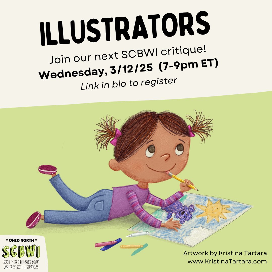 Our MARCH ILLUSTRATION CRITIQUE NIGHT is coming up on 3/12. 

REGISTER: scbwi.org/events/illustr…

Thanks to <a href="/Kristi_Tartara/">Kristina Tartara | Author & Illustrator</a> for this month’s art! 🎨