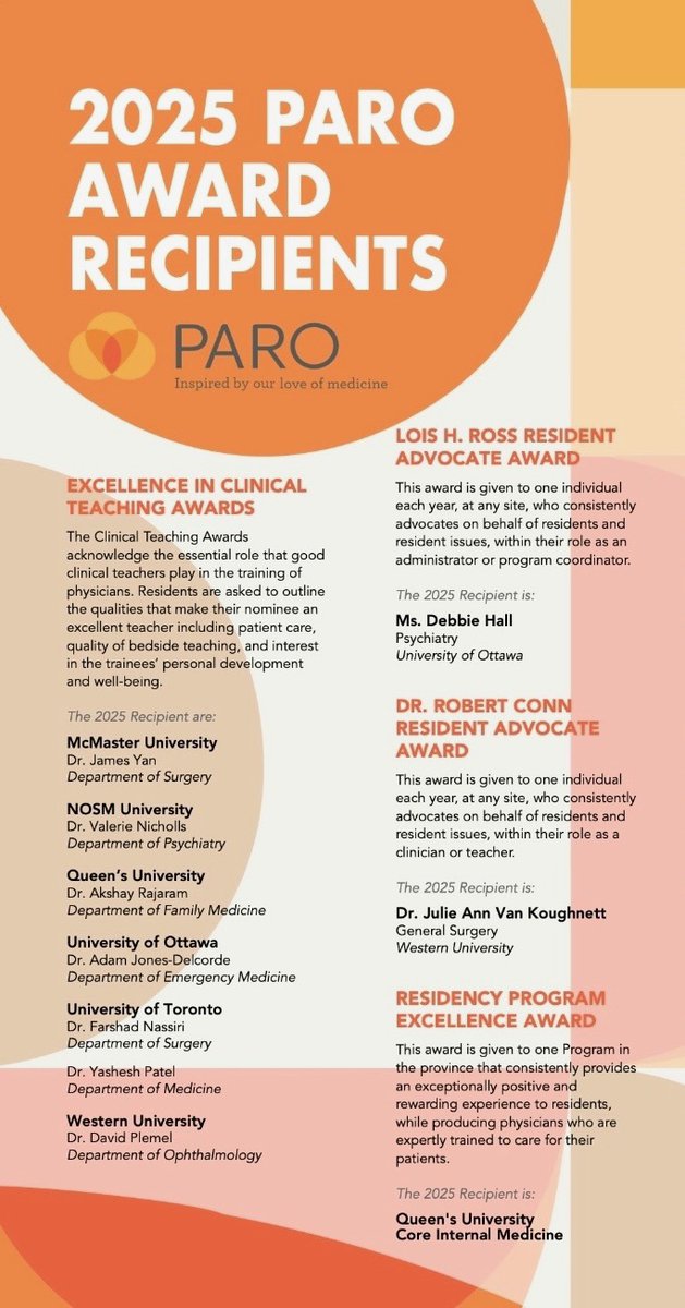 The results are in! CONGRATULATIONS to Program Director, Dr. Gauthier and the Core Internal Medicine Residency Program for winning the 2025 PARO Residency Program Excellence Award! This is given annually to one outstanding training program in the entire province. Well done! 👏