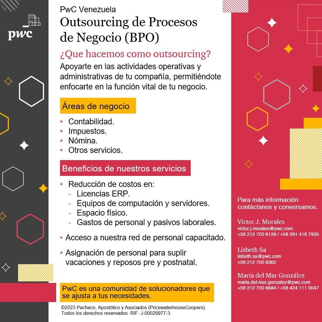 Optimiza tu empresa con el Outsourcing de Procesos de Negocio (BPO) de PwC Venezuela. Desde contabilidad hasta personal, reducimos costos y ofrecemos soluciones personalizadas.

¡Únete a nuestra comunidad de solucionadores! buff.ly/3HUyX44