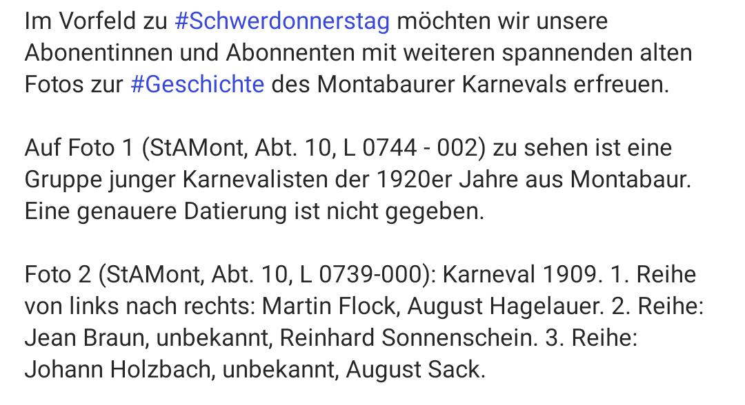 StAr_Montabaur's tweet photo. #Fastnacht in #Montabaur ( Teil 2 unserer kl. Reihe 2025). Zu sehen sind Karnevalsgruppen der #1900er und #1920er Jahre. Nähere Infos s. Screenshot. 

#humor #geselligkeit #fuenftejahreszeit 
#westerwald #helau #alaaf #karneval
#fasching #fassenacht #kaiserzeit 
#schwerdonnertag https://t.co/dvFmV8aaU8