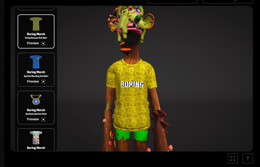 Head over to the newly released <a href="/DashboUGC/">DashboUGC</a> / <a href="/BoredApeYC/">Bored Ape Yacht Club 🍌</a> Studio to outfit your apes with that new-new merch! Thanks to the teams for including Boring Merch in the launch! There's so much more to come!