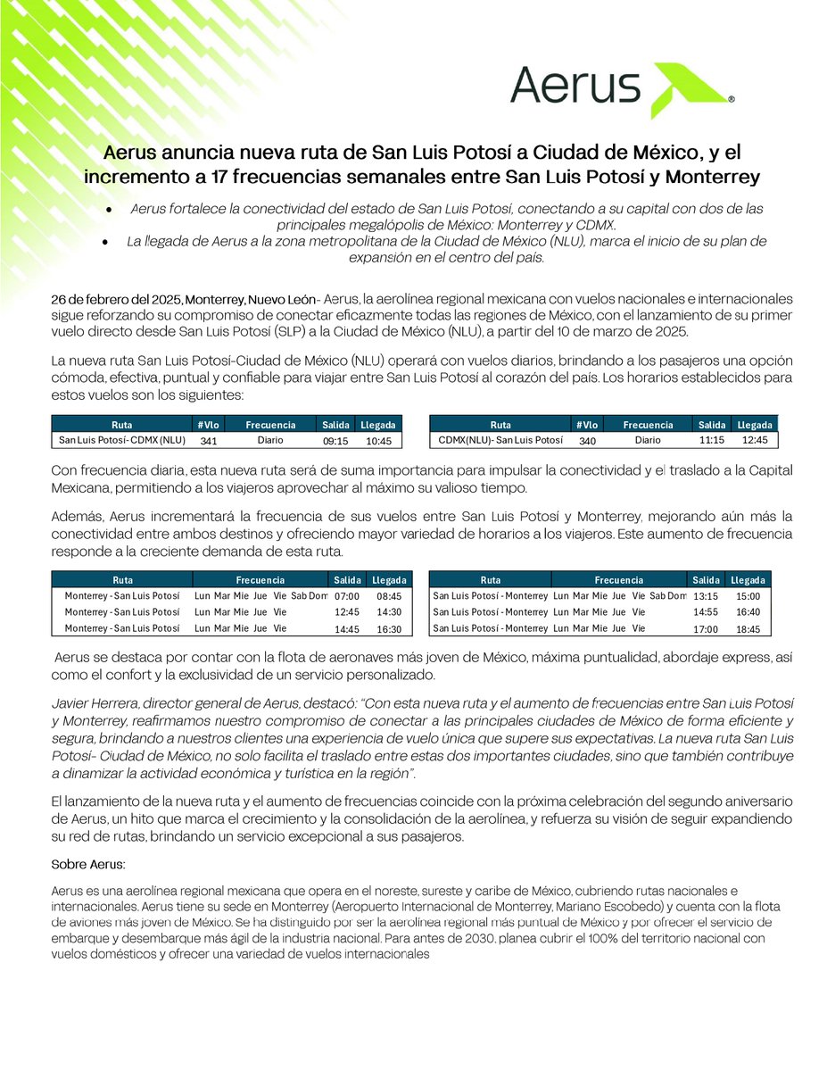 Aerus anuncia nueva ruta de San Luis Potosí a Ciudad de México 🛩️ 

La nueva ruta San Luis Potosí-Ciudad de México (NLU) operará con vuelos diarios, brindando a los pasajeros una opción cómoda, efectiva, puntual y confiable para viajar entre San Luis Potosí al corazón del país.