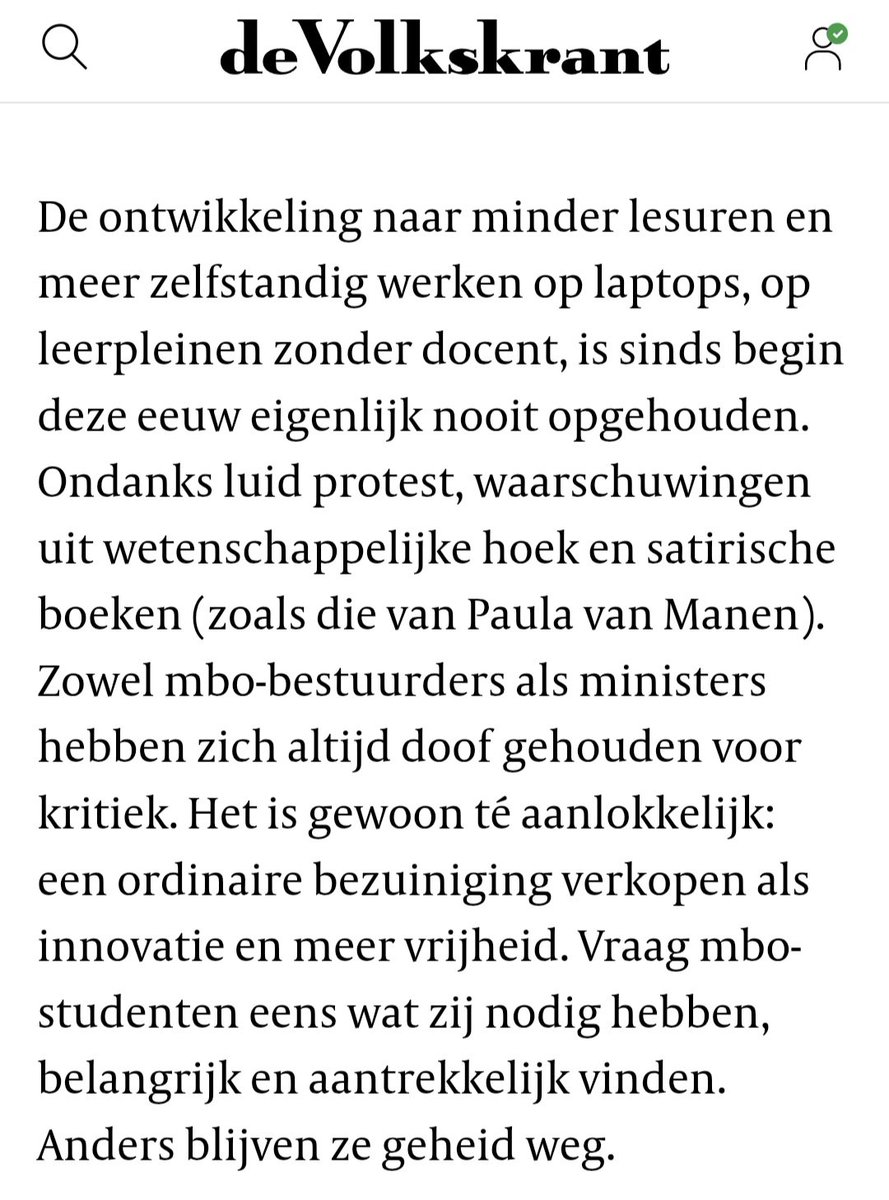Gisteren schreef Aleid Truijens een uitstekende column in de <a href="/volkskrant/">de Volkskrant</a>. Het #mbo wordt gesloopt door steeds minder begeleide onderwijstijd en steeds meer vage onderwijsvernieuwingen. Maar ROC-bestuurders willen de alarmbellen niet horen. Dat is ernstig. Zéér ernstig. 
<a href="/MBORaad/">MBO Raad</a>