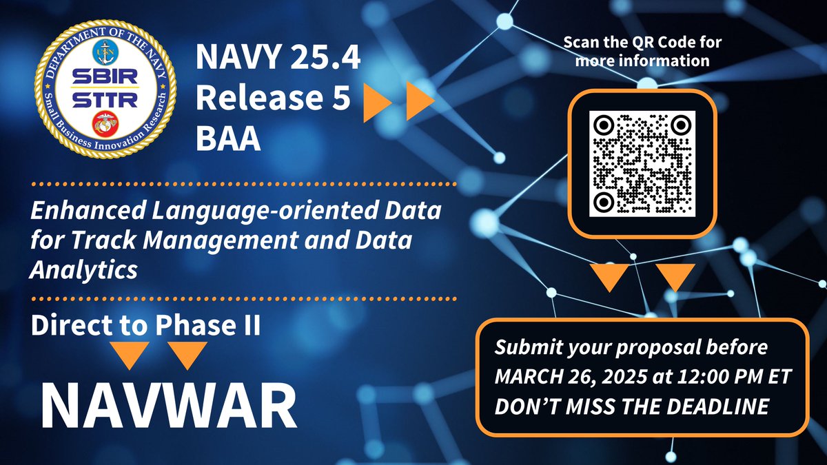 donsbir's tweet photo. The Navy 25.4 Release 5 Funding Opportunity is open for proposals until March 26 at 12:00 PM ET. It includes one SBIR Direct to Phase II topic from @NAVWARHQ More info and instructions are available at https://t.co/qpsb98fvNu
#SBIR #NAVY #DoNSBIR #NAVWAR #NavalX #DoDInnovates https://t.co/IC1lRaVdsB