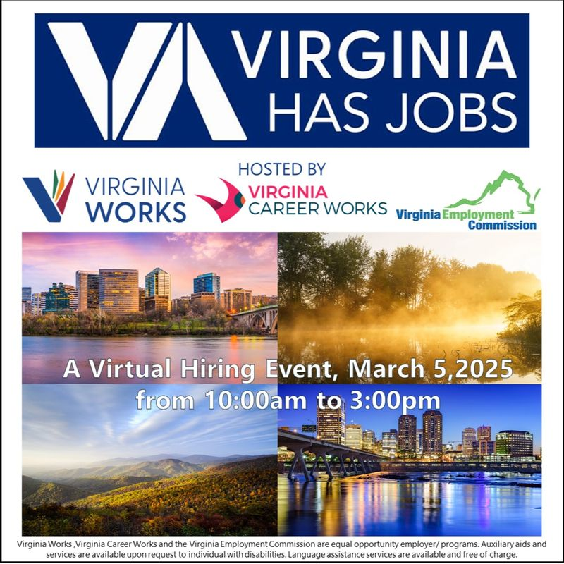 Virginia Works and our partners at the Virginia Employment Commission and Virginia Career Works are hosting a statewide virtual hiring event next Wednesday, March 5th, from 10 AM – 3 PM.

Register here: hubs.li/Q038q7N70

#WorkInLoudoun