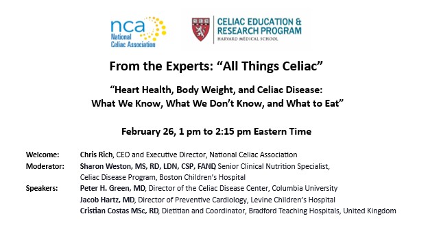 Center for Celiac Research and Treatment (@celiacresearch) on Twitter photo #CeliacDisease - Excited to present our 1st webinar in our Winter 2025 “From the Experts” series. Today, our 3 experts will present on heart health, body weight + celiac disease. Co-hosted by <a href="/harvardmed/">Harvard Medical School</a> and @NationalCeliac. #celiacdisease #coeliac #celiaca #CeliacDisease - Excited to present our 1st webinar in our Winter 2025 “From the Experts” series. Today, our 3 experts will present on heart health, body weight + celiac disease. Co-hosted by <a href="/harvardmed/">Harvard Medical School</a> and @NationalCeliac. #celiacdisease #coeliac #celiaca