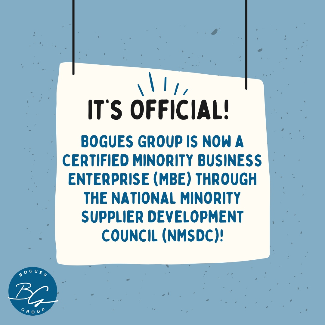 Exciting news! 🎉 Bogues Group is now officially certified as a Minority Business Enterprise (MBE) by the National Minority Supplier Development Council (NMSDC)!

This certification reflects our ongoing commitment to diversity, excellence, and innovation in the marketing and P...