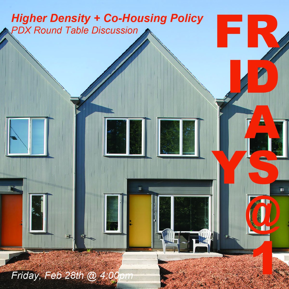 Join us Friday @ 4:00 pm for a round table discussion on Higher Density and Co-Housing Policy featuring our guest panel: Bill Cunningham from BPS, Christina Bollo from the UO School of Architecture, Jonathan Bolch from Woofter Bolch Architecture, and Eli Spevak from Orange Splot.