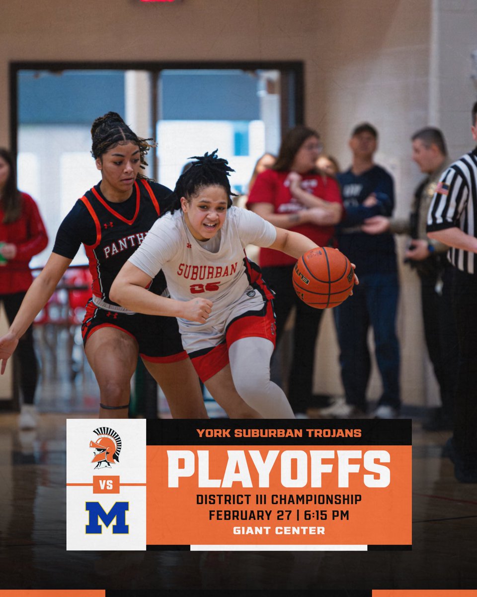 The York Suburban Trojans are heading to the District III 5A Championship! Don’t miss the action as they battle for the title at the Giant Center on February 27 at 6:15 PM. 

Let’s pack the stands and show our support! 

🎟️ Get your tickets here: ticketmaster.com/district-3-pia…