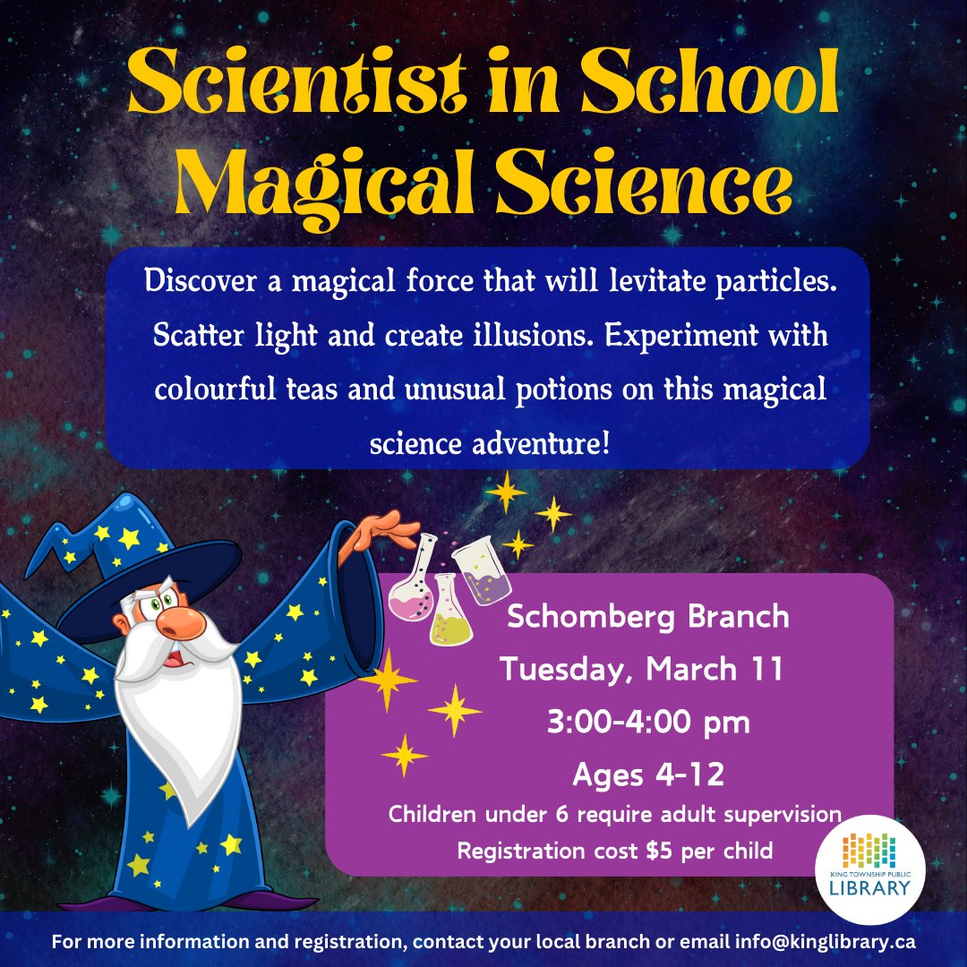 KingLibraries's tweet photo. The themes for Scientists in School at KTPL. Visit one of our branches and explore the fun of science with cool experiments! Call or visit your nearest branch and register today. The program registration cost is $5 🏀🎨✨
#ScientistsInSchool #KingLibraries #KingTownship https://t.co/jVuCW6JnI2