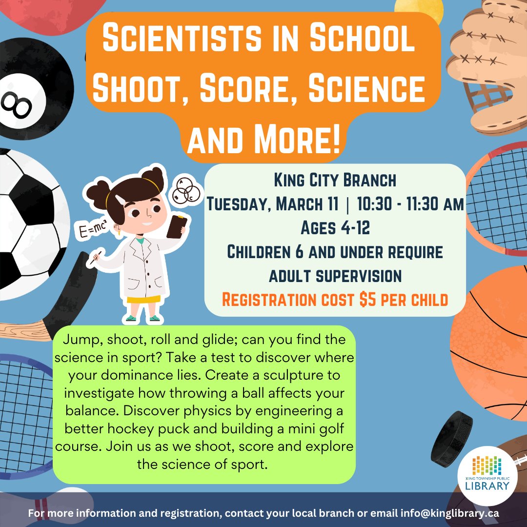 KingLibraries's tweet photo. The themes for Scientists in School at KTPL. Visit one of our branches and explore the fun of science with cool experiments! Call or visit your nearest branch and register today. The program registration cost is $5 🏀🎨✨
#ScientistsInSchool #KingLibraries #KingTownship https://t.co/jVuCW6JnI2