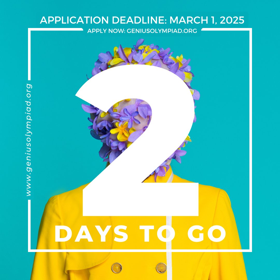 The countdown is on! Just 2 days left to turn your passion into impact at GENIUS Olympiad! Whether you innovate in science, create in art, code the future, or inspire through speech, this is your moment. Don’t let it slip away! #GeniusOlympiad #2DaysLeft #FutureChangemakers