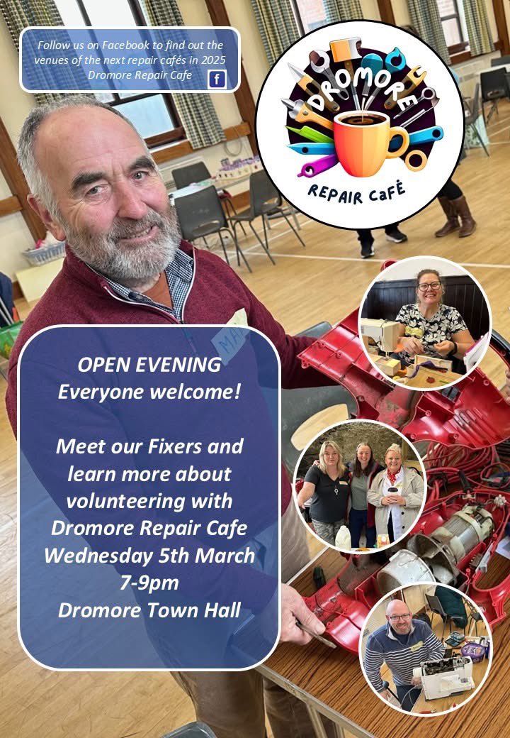 Mark Emmerson (@meecoprof) on Twitter photo Join the folk from <a href="/RepairCafeDmore/">Repair Cafe Dromore</a> on Wednesday 5th March 7-9pm to learn more about volunteering at the Repair Cafe. Our fixers will be at Dromore Town Hall to chat with potential volunteers.
We are looking for a mixture of fixers to expand our capacity for repair! Join the folk from <a href="/RepairCafeDmore/">Repair Cafe Dromore</a> on Wednesday 5th March 7-9pm to learn more about volunteering at the Repair Cafe. Our fixers will be at Dromore Town Hall to chat with potential volunteers.
We are looking for a mixture of fixers to expand our capacity for repair!