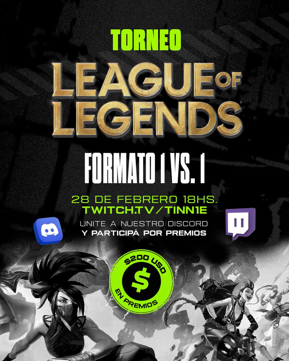 Faltan 2 días para el Torneo de  𝙇𝙚𝙖𝙜𝙪𝙚 𝙊𝙛 𝙇𝙚𝙜𝙚𝙣𝙙𝙨  por 💵𝟭𝟱𝟬 U$D en premios🤑🎁

Con <a href="/tinniemartirena/">Tinnie</a> queremos ver el nivel que tiene nuestra comunidad en league of legends 🛡️por eso realizamos este 𝙩𝙤𝙧𝙣𝙚𝙤 𝟭VS𝟭 en donde tienen la oportunidad de
