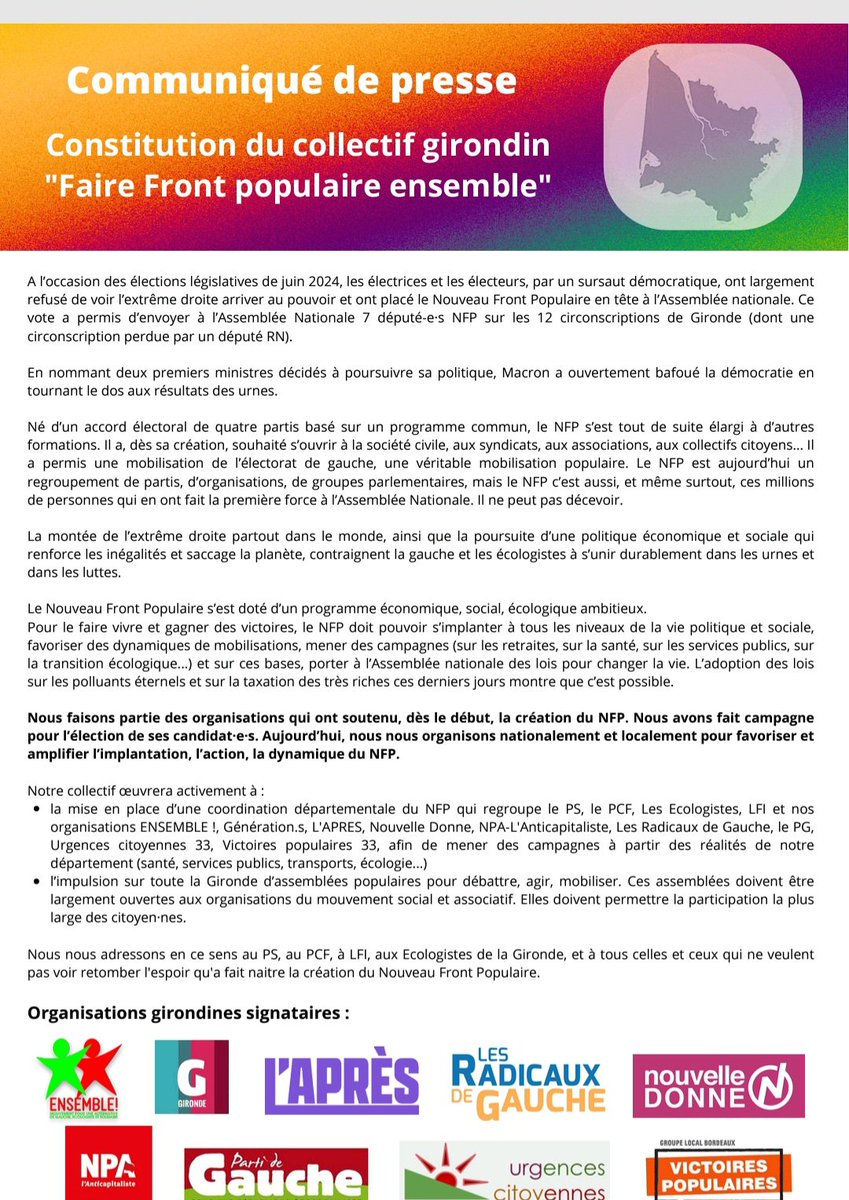 LApres33's tweet photo. [Communiqué de Presse] 🗞
Constitution du collectif girondin 
Faire #frontpopulaire ensemble 
@Apres_fr @GenerationsMvt @NouvelleDonne @NPA_officiel @LePG #Gironde https://t.co/pI2D2OTyqi