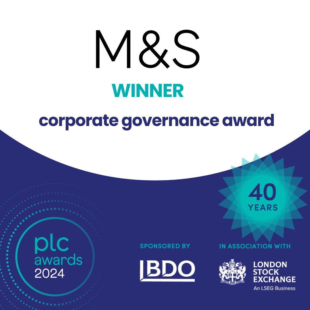 Huge congratulations to the winner of tonight's Corporate Governance Award, sponsored by <a href="/BGovernanceLtd/">Beyond Governance</a>.. <a href="/marksandspencer/">M&S</a>. Well done to the whole team! #plcawards #winner #plcis40