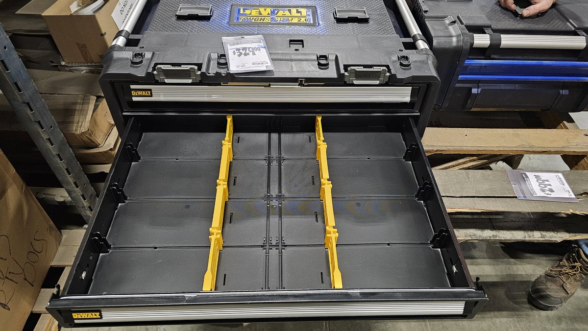 squatch8628's tweet photo. @DEWALTtough I want the whole tough system 2.0 cart but could only get a couple sections today. $600 bucks between these two and can't even get enough dividers to fill the slots. How's that right? https://t.co/2xHo1nXLux