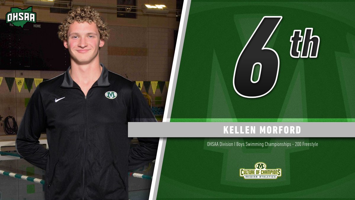 medinaathletics's tweet photo. Congratulations to Kellon Morford on reaching the podium again by earning 6th Place in the 200 Freestyle at the OHSAA Division I Boys Swimming Championships in Canton!!! @BeesSwimming @MCScomm1 @MedinaBoosters @MedinaGazette @Ohio_GCC @OHSAASports https://t.co/N4TSbZqOpc