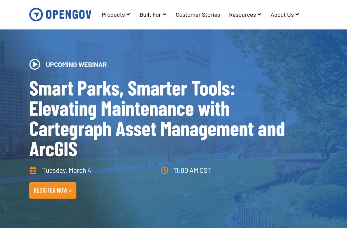 SpatialAce's tweet image. Please join me, #OpenGov &amp;amp; staff from Plano, TX &amp;amp; Arlington, TX for a Smart #Parks webinar Tu March 4, 11AM-12PM Central on Elevating Maintenance with #Cartegraph #AssetManagement &amp;amp; #ArcGIS
ow.ly/8GQc50V752u$
#GIS #Esri #GPN #NRPA #APWA #EAM