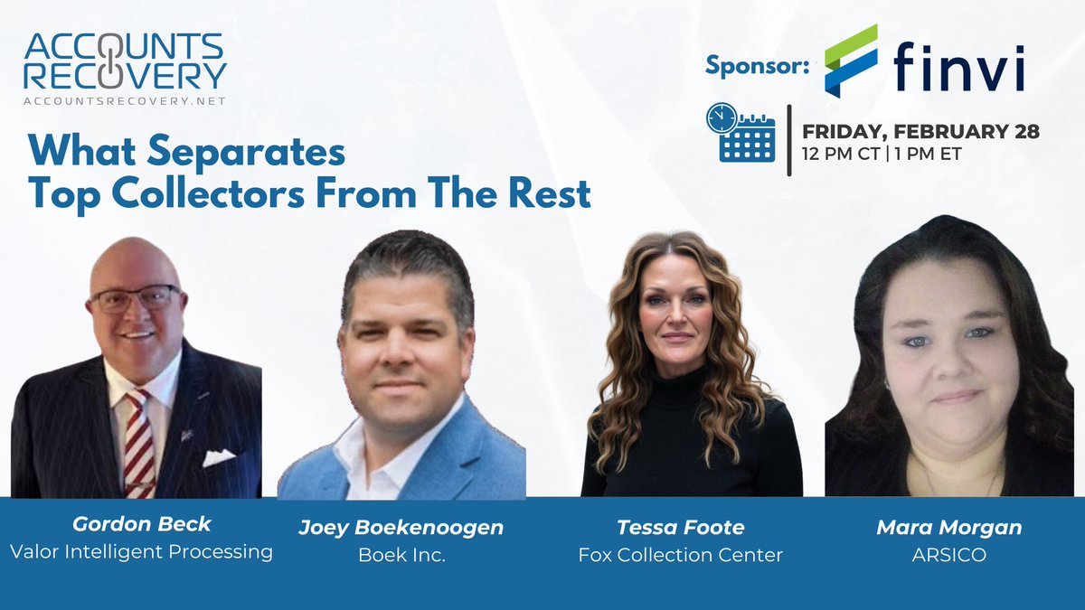 What strategies, habits, and tools set high-performing collectors apart from the rest? Register for the @AccountsRecovery.net webinar, which we are proud to sponsor, for actionable takeaways. #ARMIndustry #DebtCollection

ow.ly/i7UT50V6Yjf