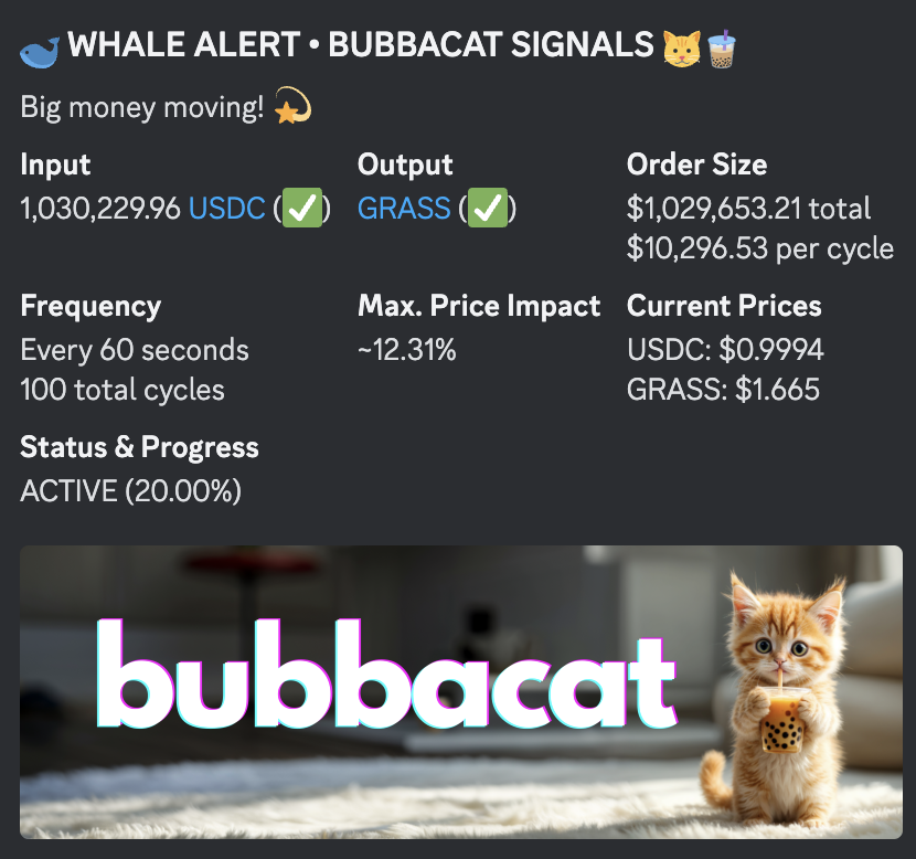 utakisol's tweet photo. 🐋 WHALE DCA ALERT 🐋

Extraordinary buys for $GRASS using $USDC!

💰 1,030,229 $USDC (~$1,029,653) fueling $GRASS buys every 60 seconds
🔄 100 cycles total
📈 Price impact: ~12.31%
⏳ Each cycle: 10,302 $USDC (~$10,296) https://t.co/wy92vkejET