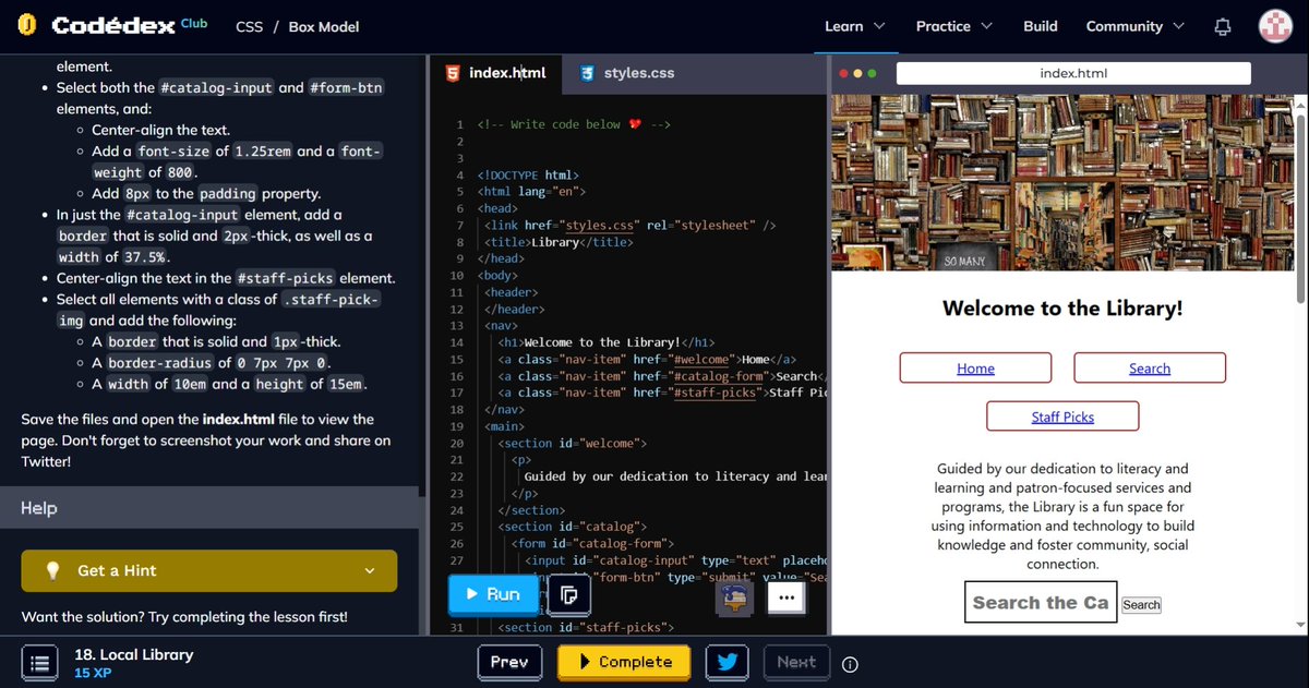 Hydraslayer101's tweet image. Local Library 📚 Styled using Vanilla CSS. Learnt about Box Model and Borders! 
#CodédexLocalLibrary @codedex_io #30NitesOfCode #programmingeveryday #CodingLife