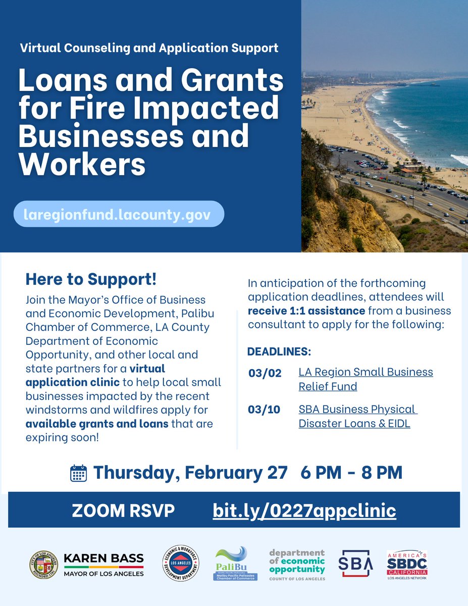 Join us tomorrow!  

Attendees will receive 1:1 technical assistance from a business consultant to apply for the LA Region Small Business Fund and the SBA Business Physical Disaster &amp; Economic Injury Disaster Loans.  

Register: bit.ly/0227appclinic