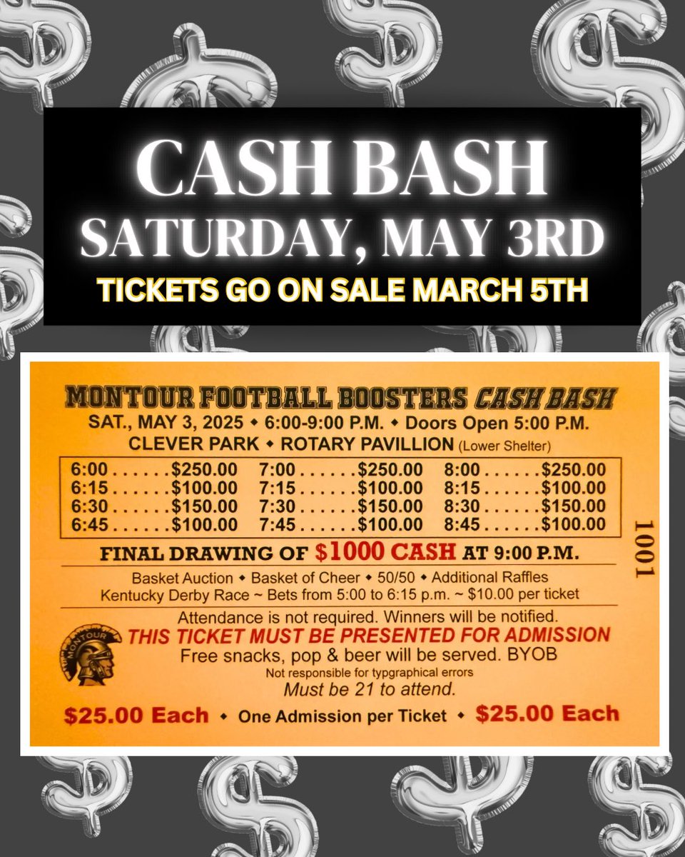Montour Football (@montourfootball) on Twitter photo ποΈ SAVE THE DATE! π°
π°π The Montour Football CASH BASH will be held on Saturday, May 3rd! ππ°
Doors open at 5PM. Drawings start promptly at 6PM!
ποΈ Tickets will go on sale, Wednesday, March 5th. $25 each.
π€ππ Thank you for supporting the Montour Football Team! πππ€ ποΈ SAVE THE DATE! π°
π°π The Montour Football CASH BASH will be held on Saturday, May 3rd! ππ°
Doors open at 5PM. Drawings start promptly at 6PM!
ποΈ Tickets will go on sale, Wednesday, March 5th. $25 each.
π€ππ Thank you for supporting the Montour Football Team! πππ€