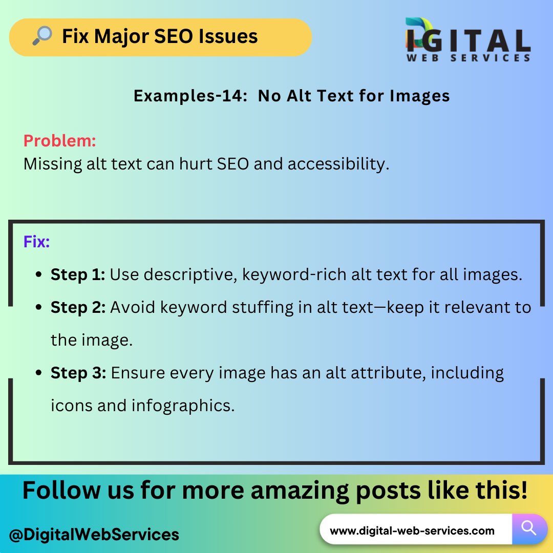 digitalwebservs's tweet image. #FixSEOIssues: No Alt Text for Images? Fix It Now! 

 digital-web-services.com/major-seo-issu… 
▾▾▾▾▾▾▾▾
#SEO #ImageSEO #AltText #AccessibilityMatters #GoogleRanking #WebOptimization #DigitalMarketing #SEOBoost #SearchEngineOptimization #ContentMarketing #MarketingTips