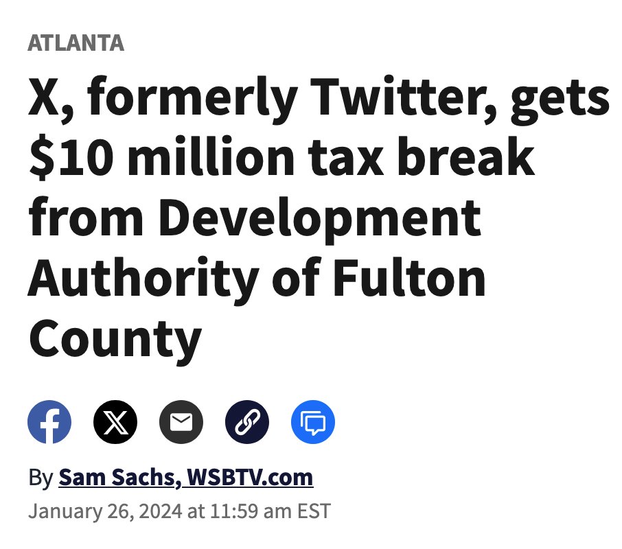 One of Elon Musk's subsidies was for X in the thriving Atlanta area. 

In exchange for $10 million, he promised 24 "retained" jobs. 
wsbtv.com/news/local/atl…