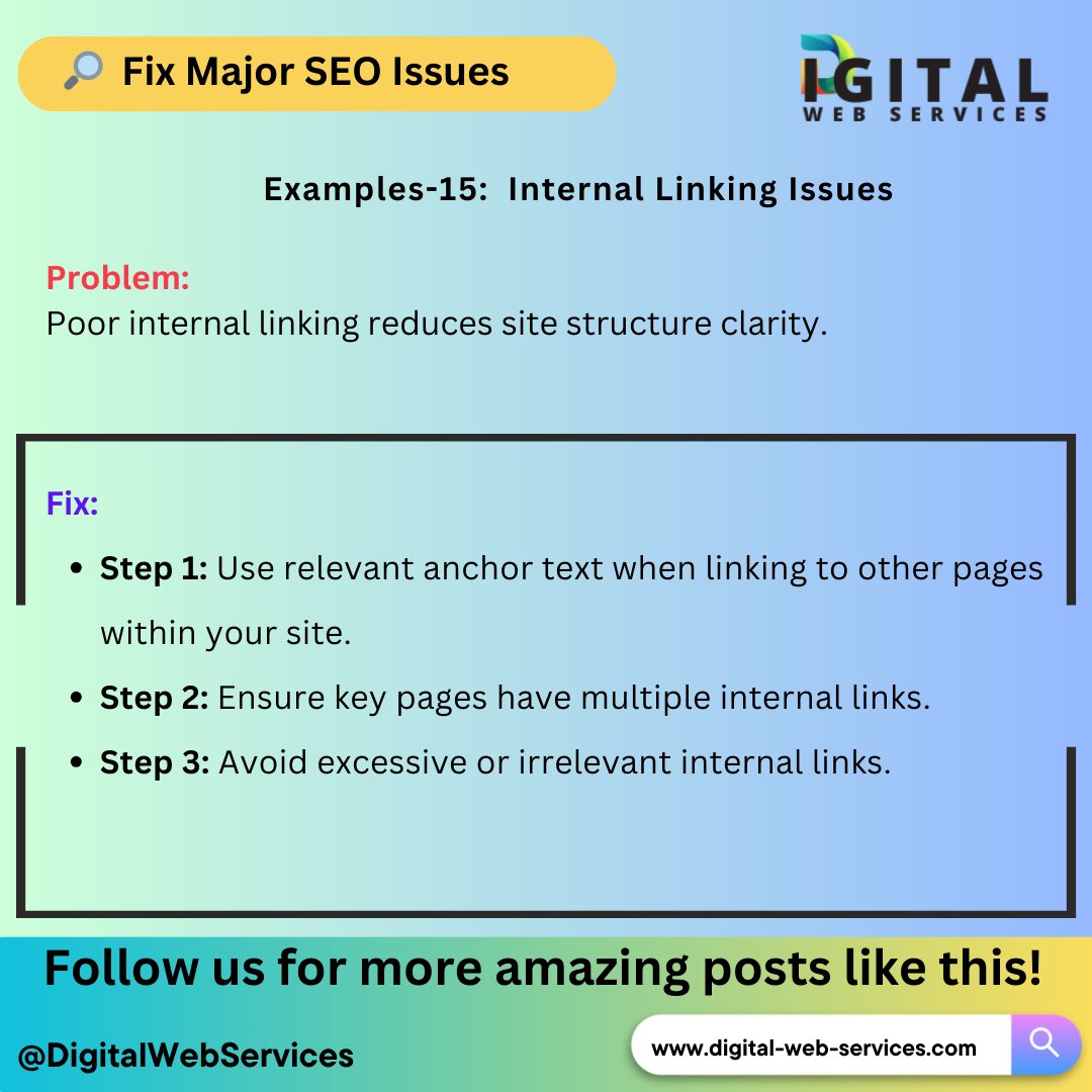 digitalwebservs's tweet image. #FixSEOIssues: 🚀 Fix Your Internal Linking Issues for Better SEO! 🔗 — Here know how to fix it..!

👉To know the Major SEO Issues and how to fix them visit: digital-web-services.com/major-seo-issu… 

▾▾▾▾▾▾▾▾
#SEO #InternalLinking #SEOTips #LinkBuilding #WebsiteOptimization